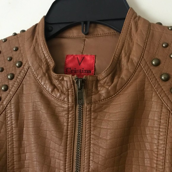 V Cristina Jacket Womens Medium Brown Camel Faux Leather Studded Textured - Picture 5 of 12